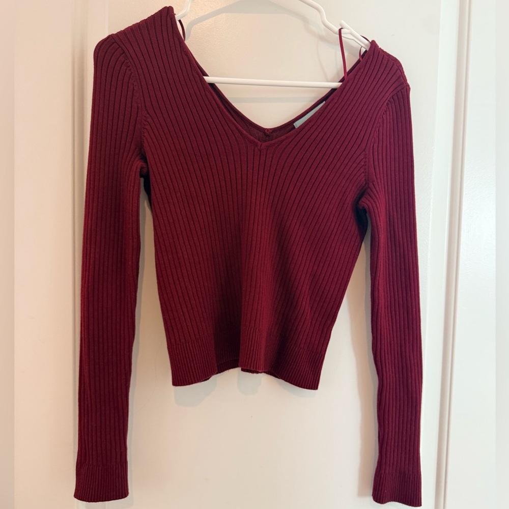 Red V-Neck Ribbed Sweater
